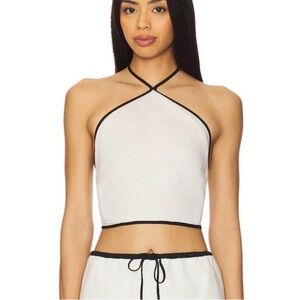 Onia Air Linen Cropped Halter Top in Egret & Black